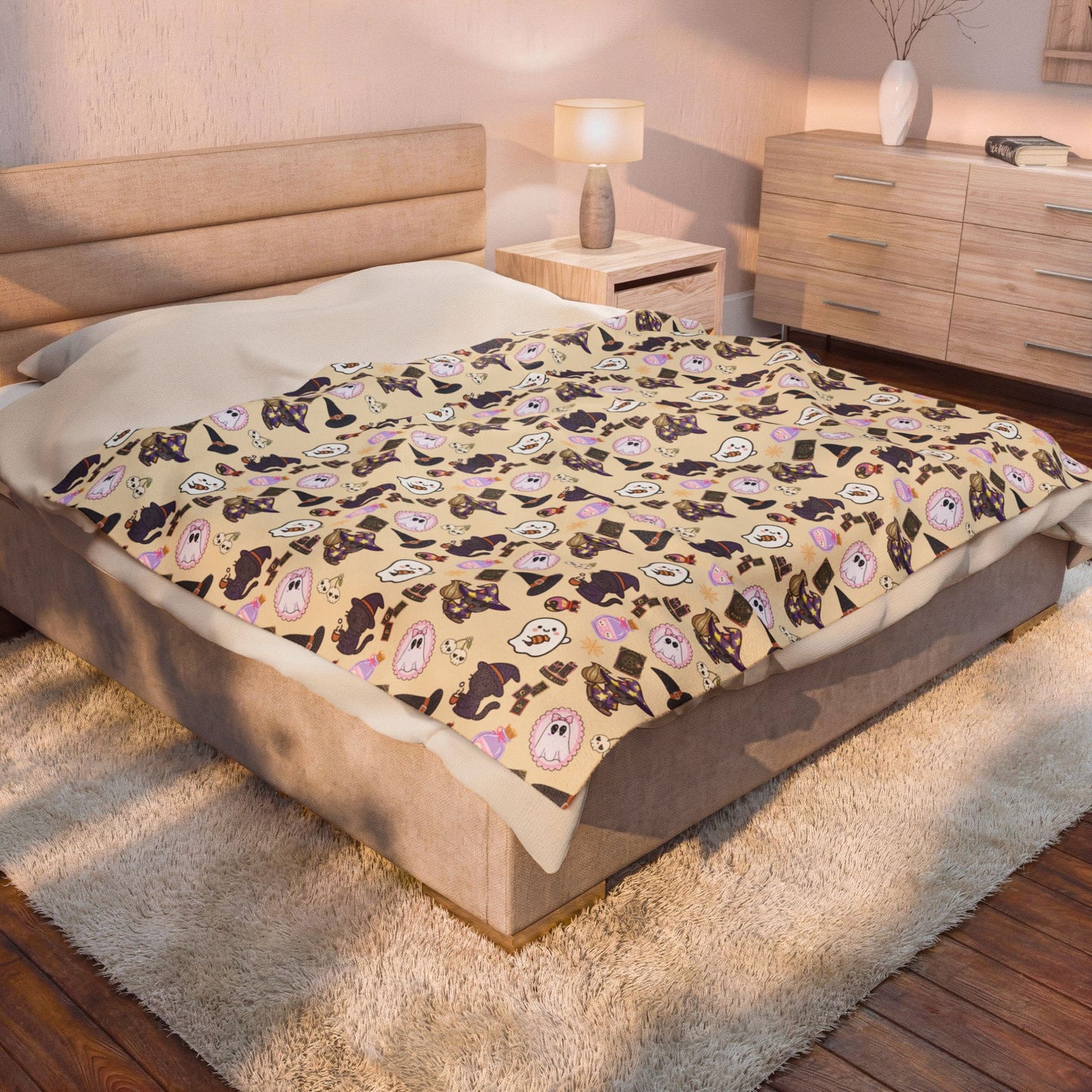 Plush Blanket — Cute Pastel Witchy Cats & Ghosts Velveteen Throw