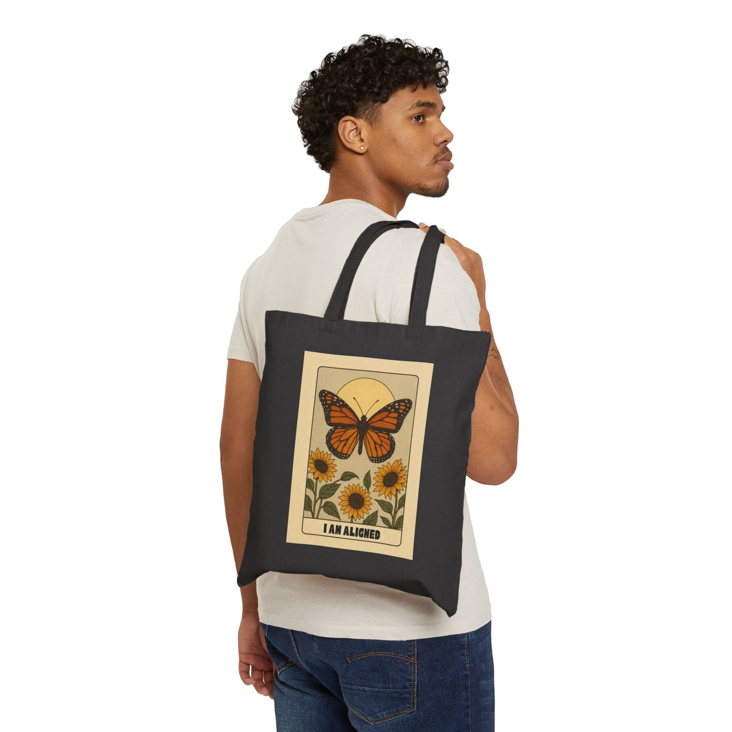 Butterfly & Sunflower Tote Bag – 'I Am Aligned' Spiritual Canvas Tote