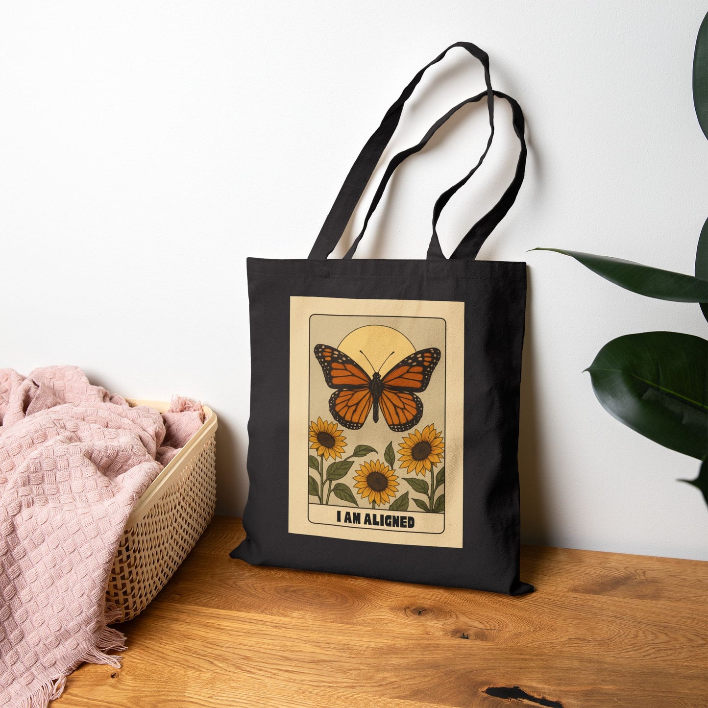 Butterfly & Sunflower Tote Bag – 'I Am Aligned' Spiritual Canvas Tote