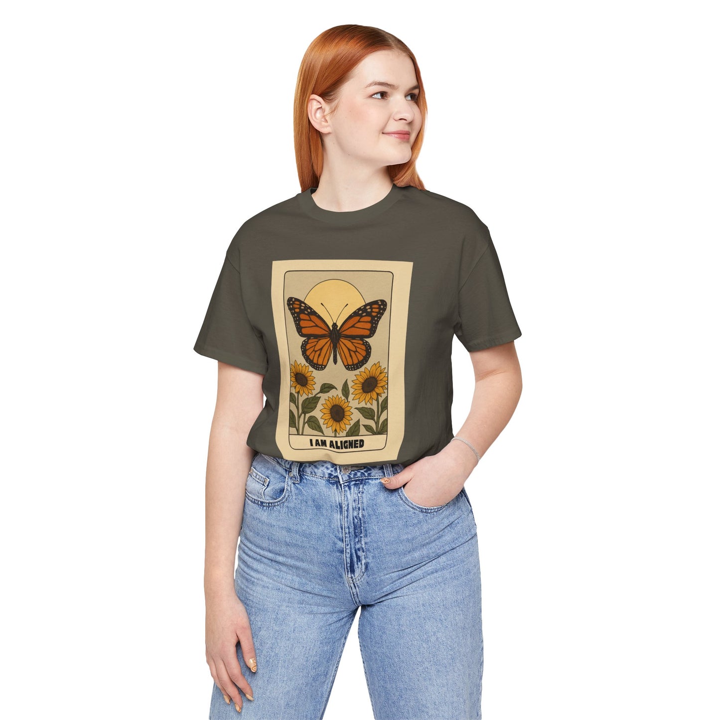 Butterfly & Sunflower Tee - 'I Am Aligned' Unisex Jersey Short Sleeve Shirt for Nature Lovers