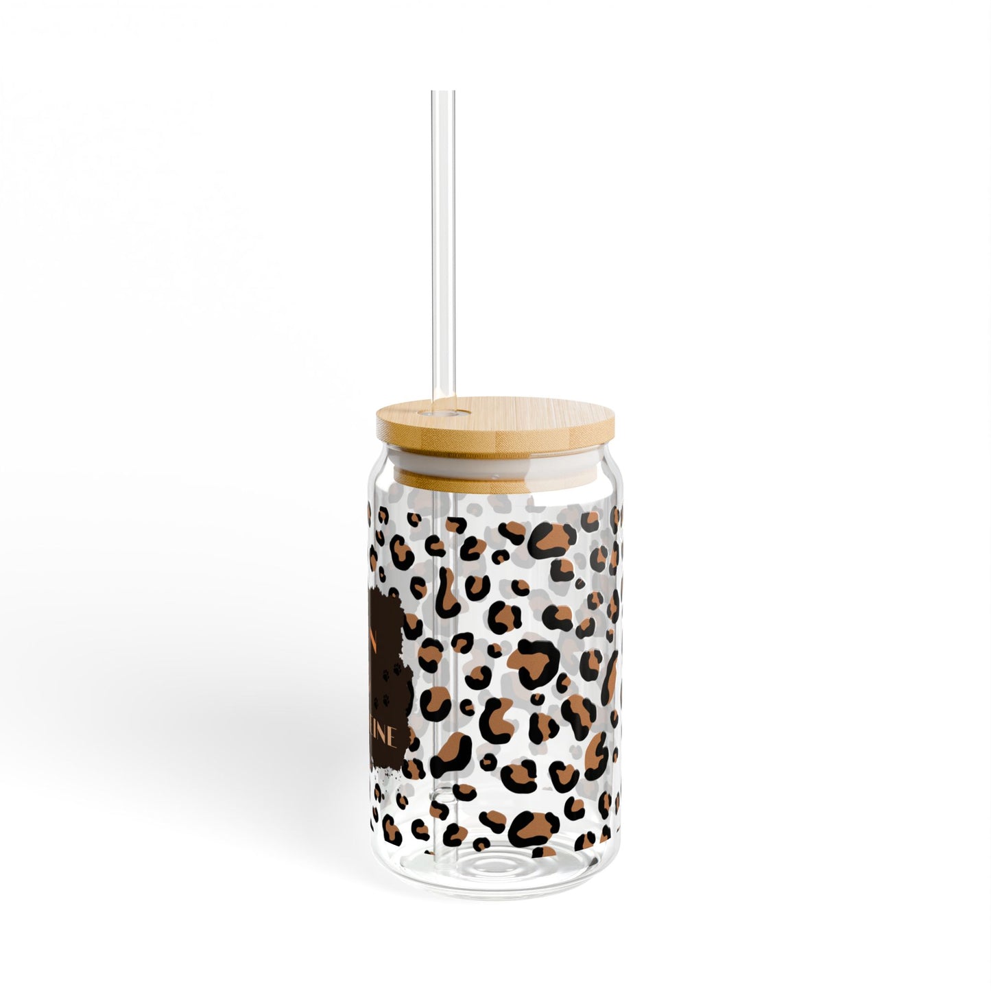 I Run On Chaos & Caffeine Leopard Print Sipper Glass with Bamboo Lid and Straw
