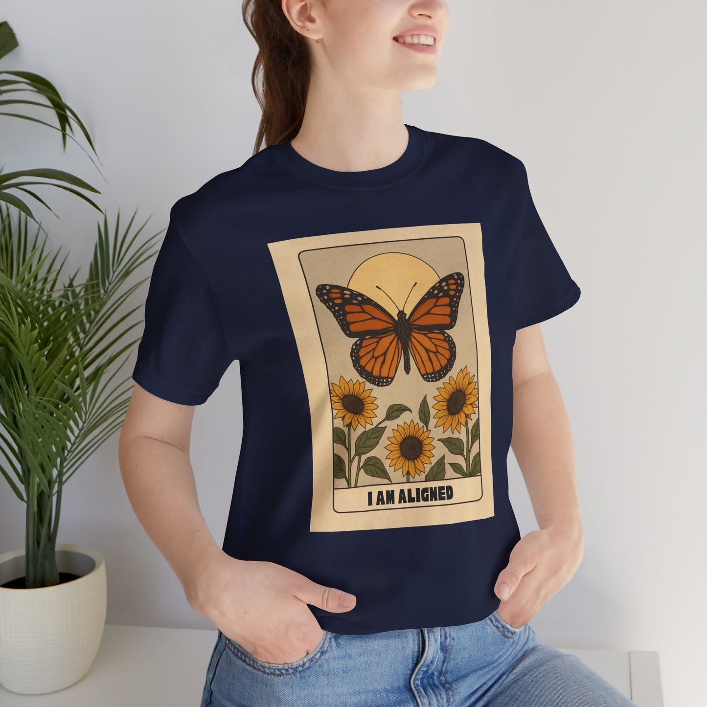 Butterfly & Sunflower Tee - 'I Am Aligned' Unisex Jersey Short Sleeve Shirt for Nature Lovers