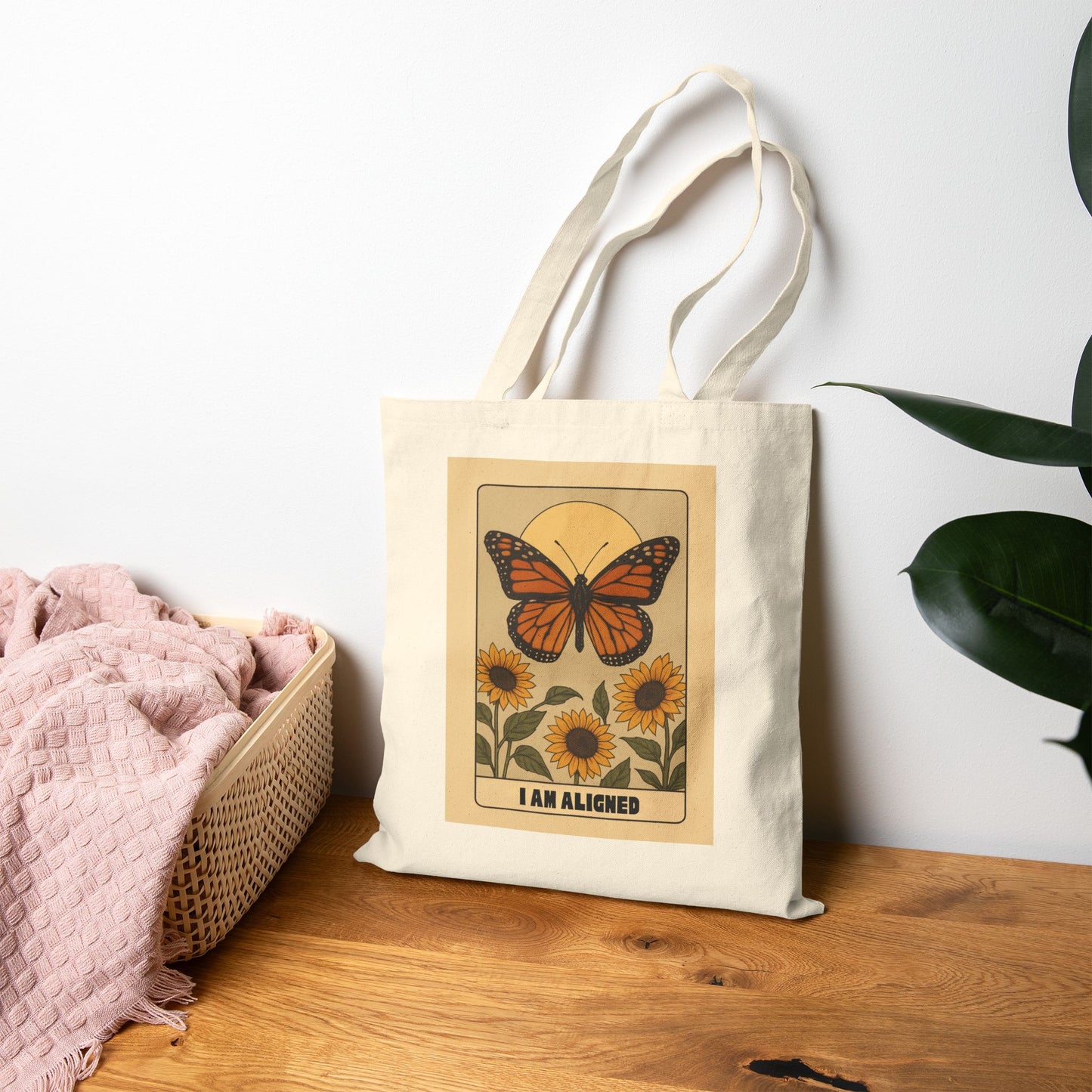 Butterfly & Sunflower Tote Bag – 'I Am Aligned' Spiritual Canvas Tote