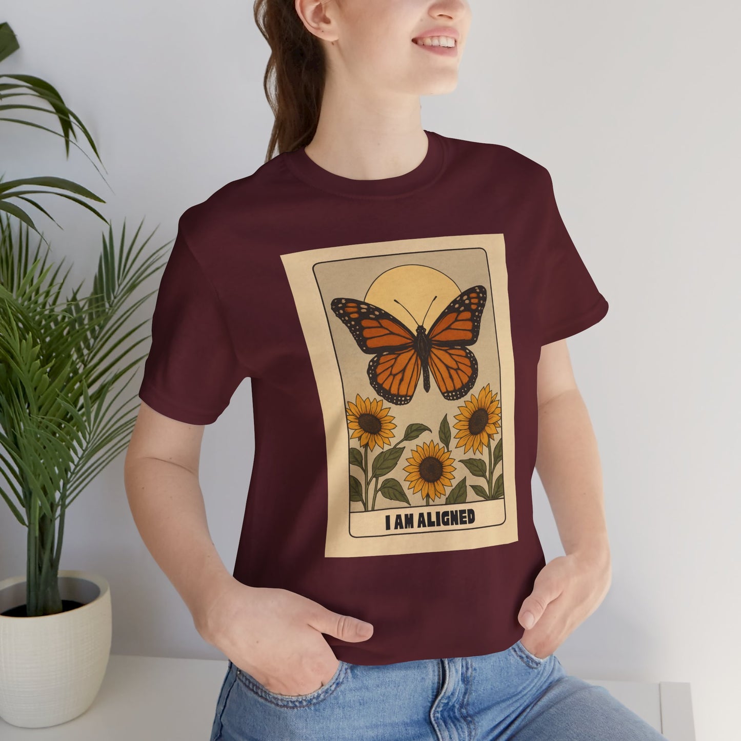 Butterfly & Sunflower Tee - 'I Am Aligned' Unisex Jersey Short Sleeve Shirt for Nature Lovers