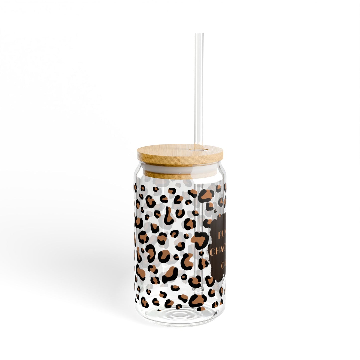 I Run On Chaos & Caffeine Leopard Print Sipper Glass with Bamboo Lid and Straw