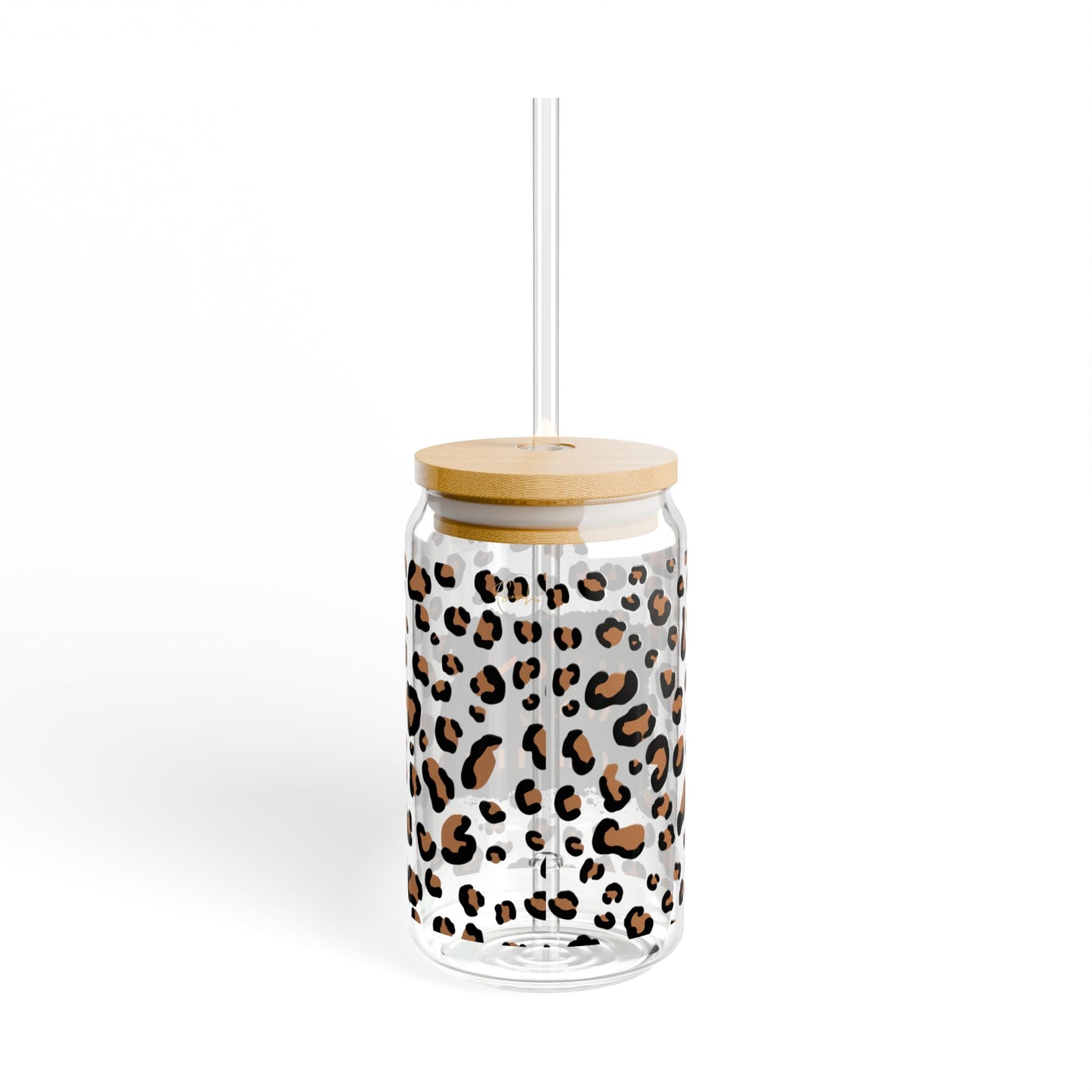 I Run On Chaos & Caffeine Leopard Print Sipper Glass with Bamboo Lid and Straw