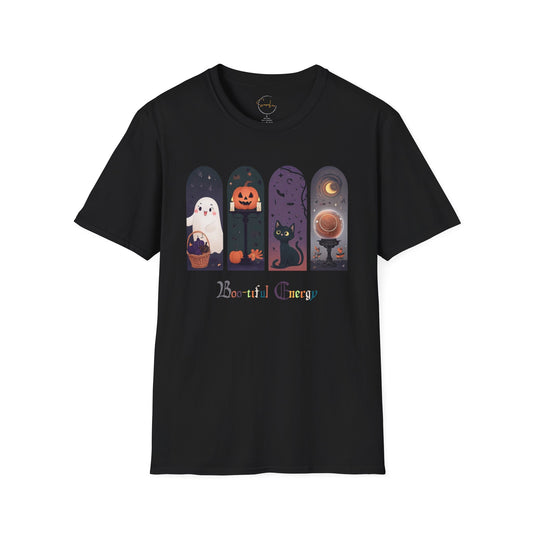 Halloween Unisex Tee, Boo-tiful Energy Quote, Ghost, Cat, Pumpkin, Crystal Ball T-shirt, Cute Fall Shirt