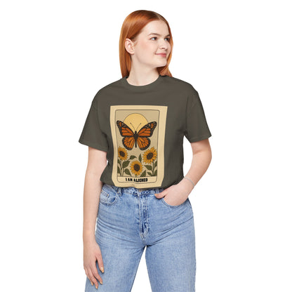 Butterfly & Sunflower Tee - 'I Am Aligned' Unisex Jersey Short Sleeve Shirt for Nature Lovers