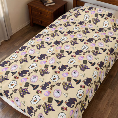 Plush Blanket — Cute Pastel Witchy Cats & Ghosts Velveteen Throw