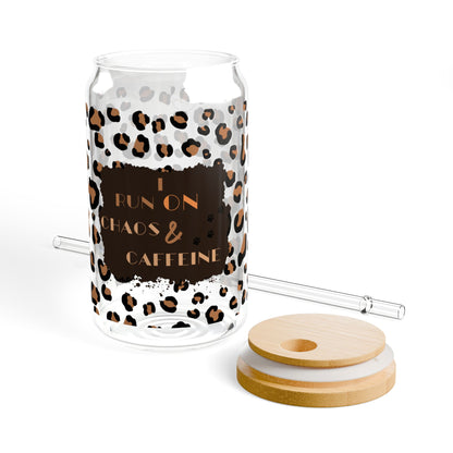 I Run On Chaos & Caffeine Leopard Print Sipper Glass with Bamboo Lid and Straw