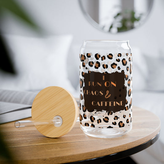 I Run On Chaos & Caffeine Leopard Print Sipper Glass with Bamboo Lid and Straw