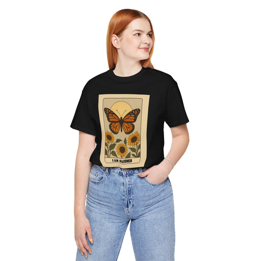 Butterfly & Sunflower Tee - 'I Am Aligned' Unisex Jersey Short Sleeve Shirt for Nature Lovers