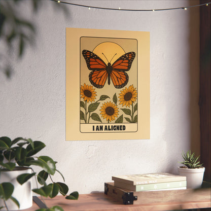 Inspirational Matte Vertical Poster - "I Am Aligned" with Butterfly and Sunflowers