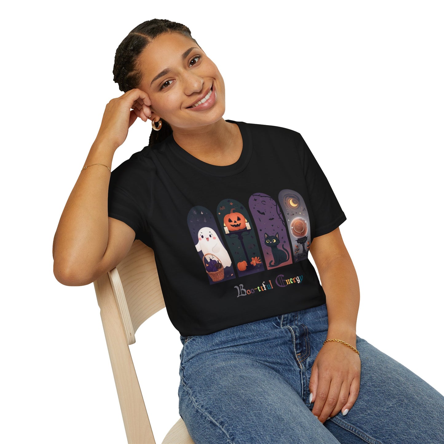 Halloween Unisex Tee, Boo-tiful Energy Quote, Ghost, Cat, Pumpkin, Crystal Ball T-shirt, Cute Fall Shirt