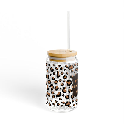 I Run On Chaos & Caffeine Leopard Print Sipper Glass with Bamboo Lid and Straw